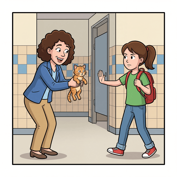 Comic panel: a woman holds out a kitten to a girl who steps back with both hands up